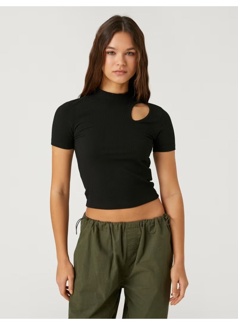 KOTON Crop T-Shirt with Window Detail High Collar Short Sleeve - Image 3